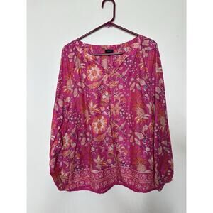 Talbots Sz Lrg Hot Pink Cotton Blouse Floral Paisley Long Sleeve Spring Vibrant